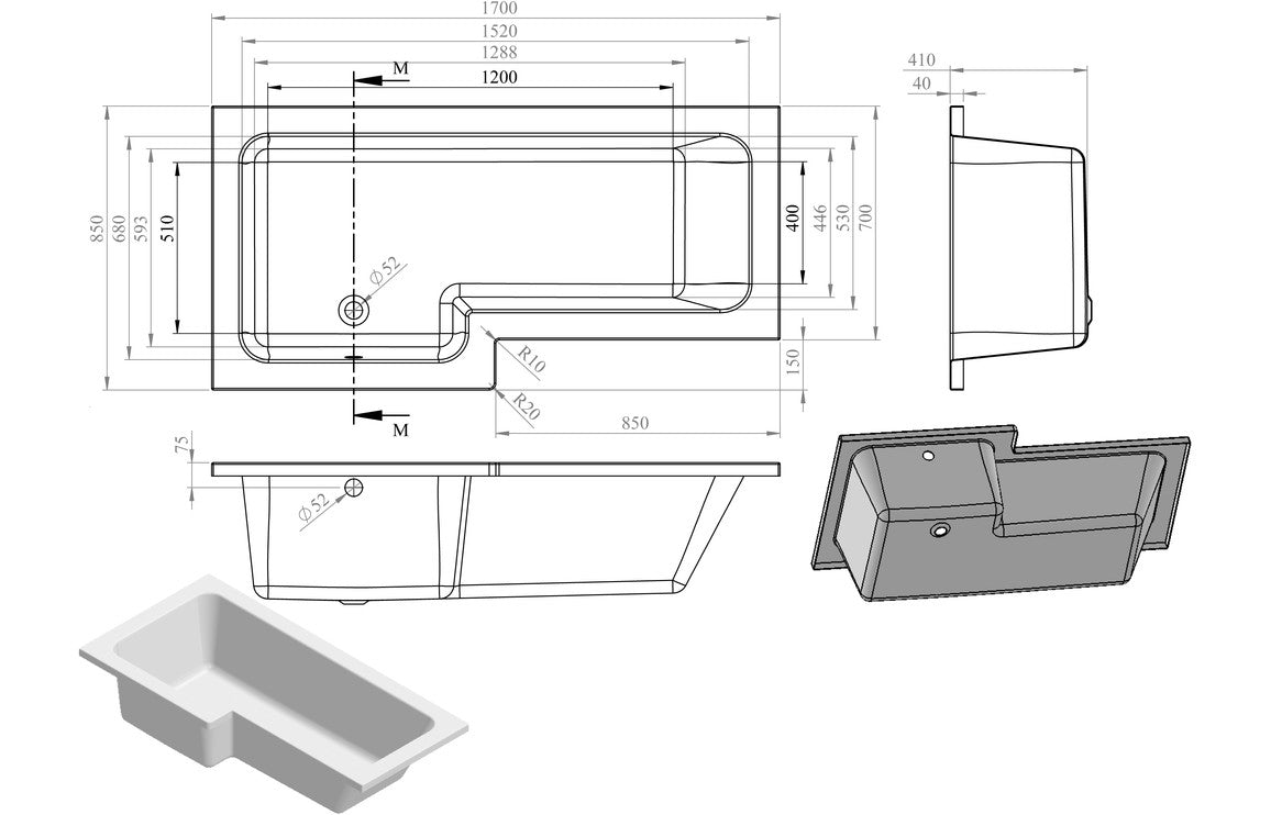 L Shape Shower Bath