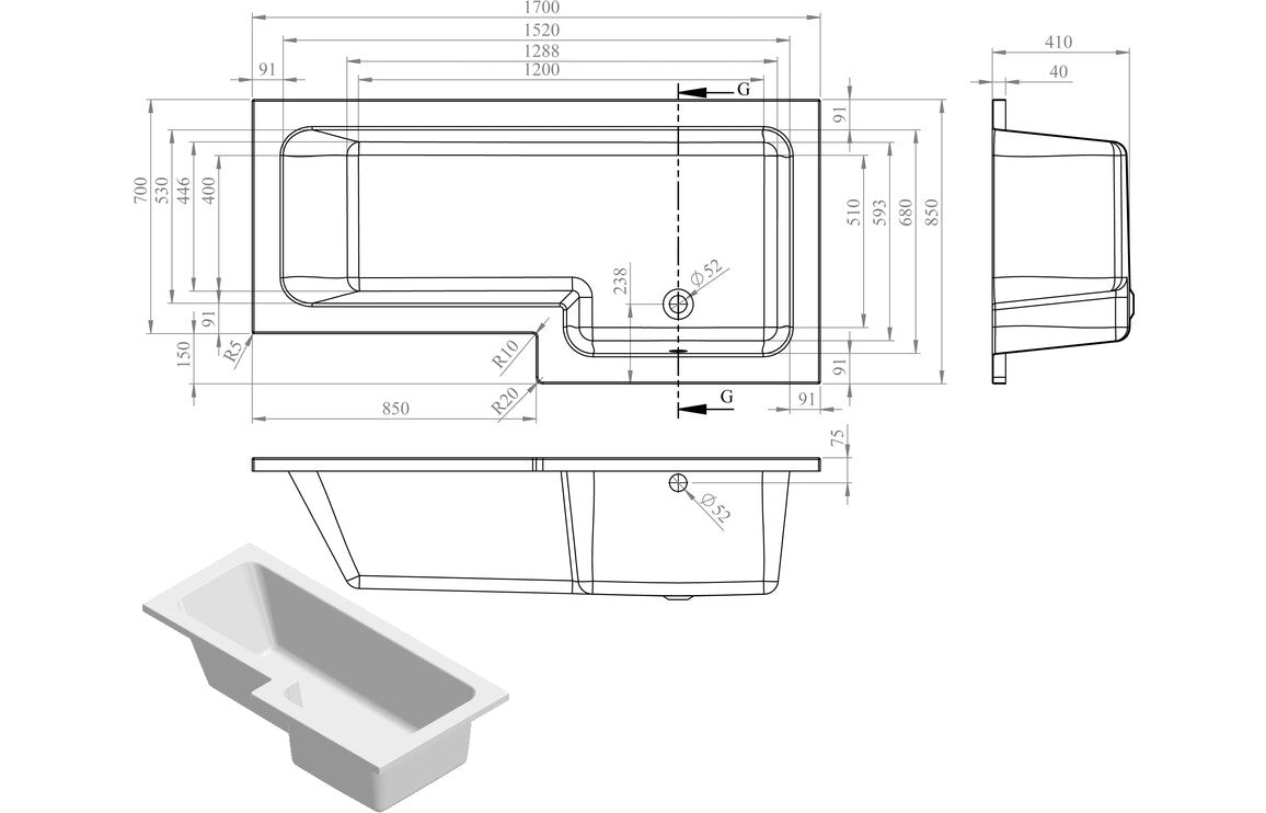 L Shape Shower Bath