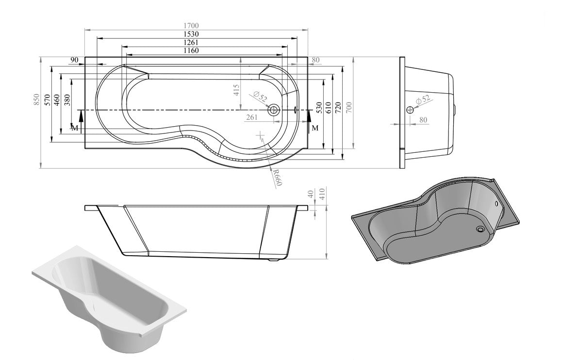 P Shape Shower Bath 1700 x 850