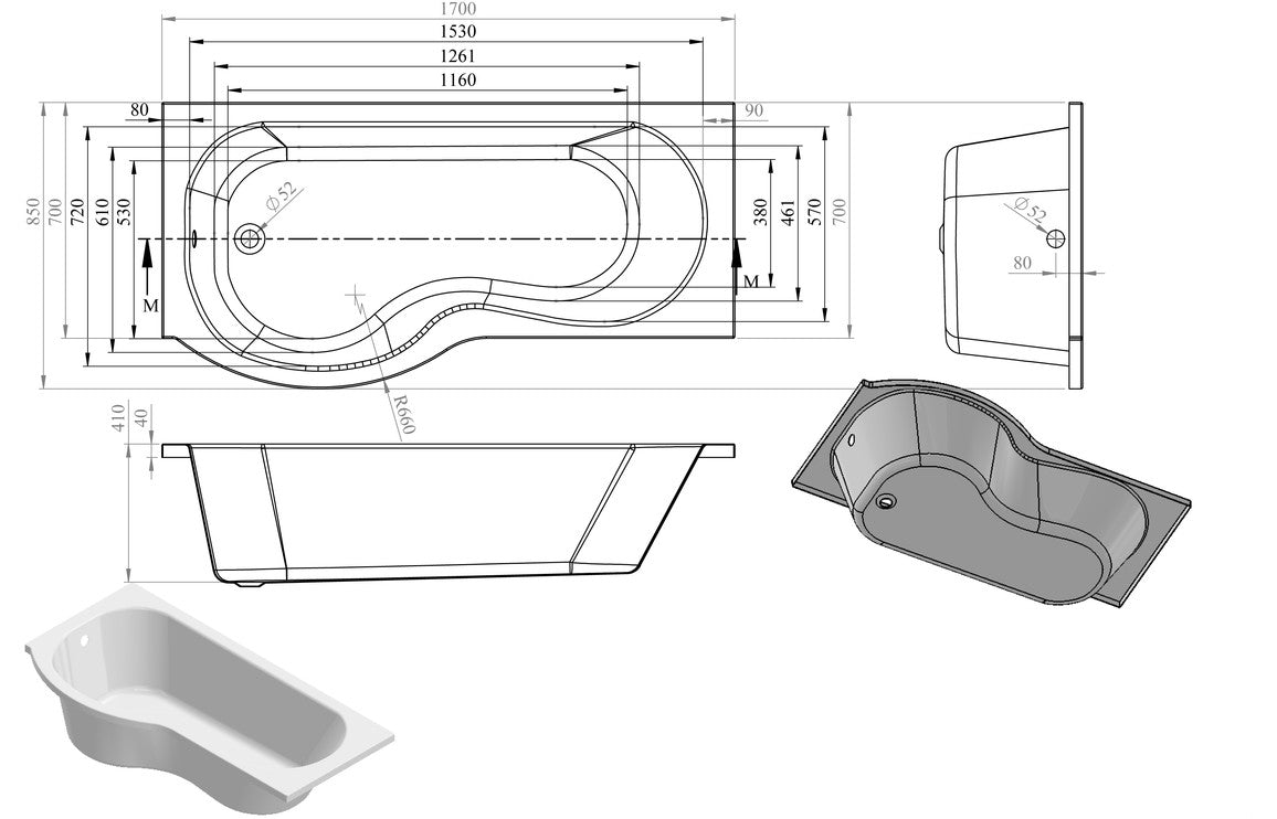 P Shape Shower Bath 1700 x 850